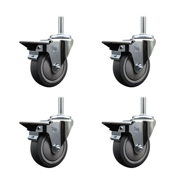 4 Inch Thermoplastic  Rubber Wheel Swivel 34 Inch Threaded Stem Caster Set with Brake SCC